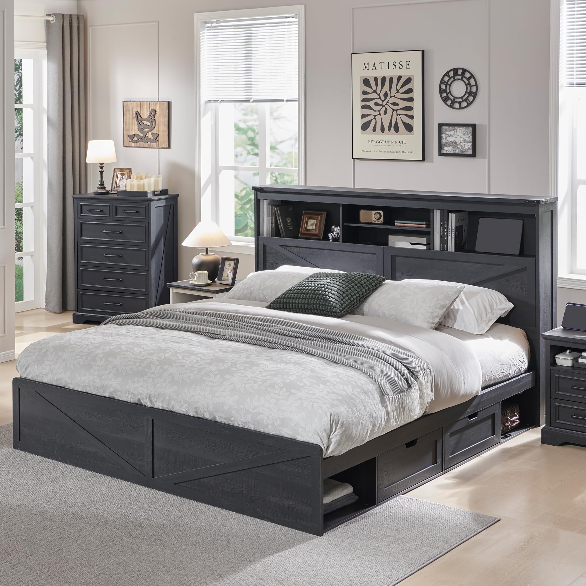 King Size Bed Frame With Storage Drawers - Farmhouse King Size Bed Frame with