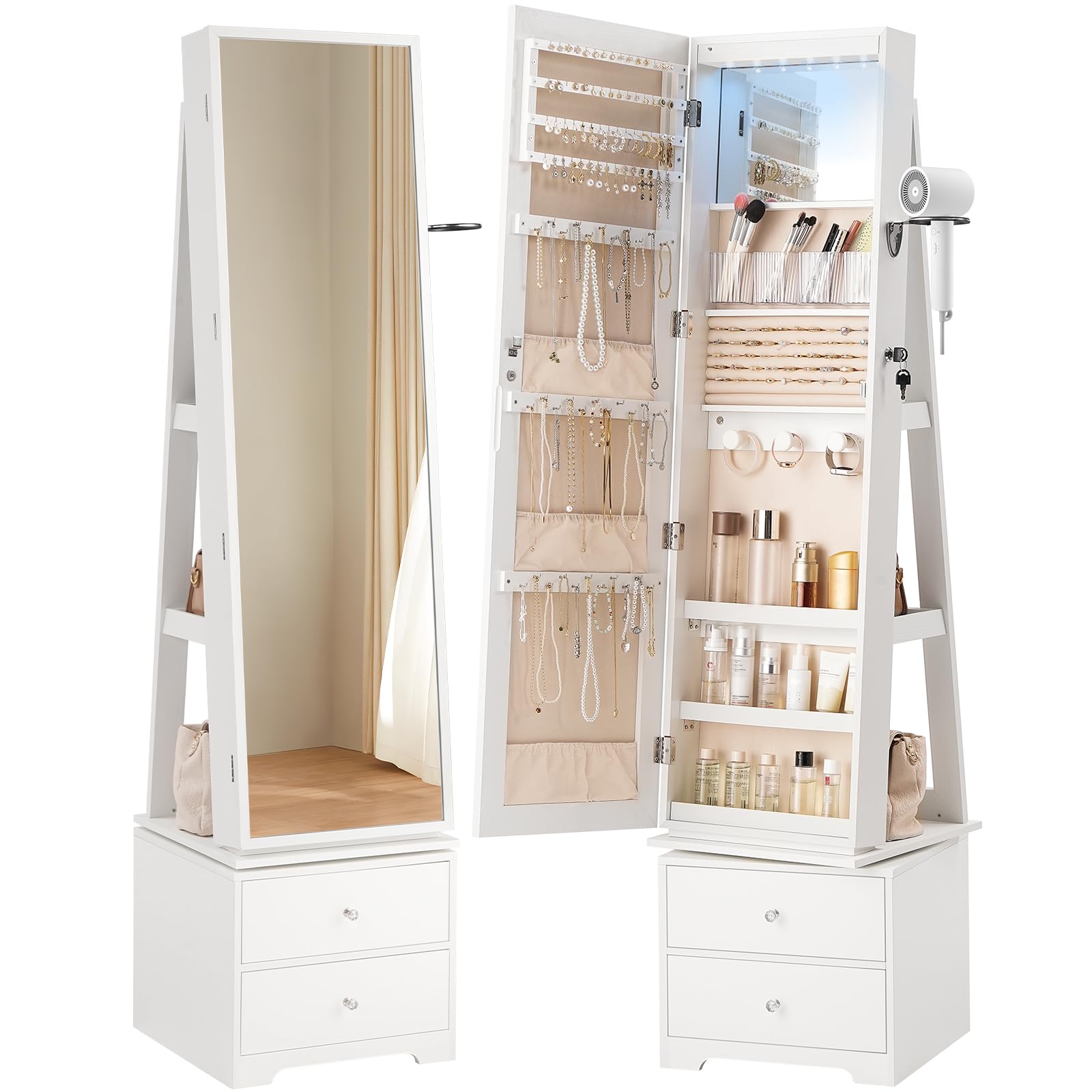Full Length Mirror Jewelry Armoire - 360° Swivel Jewelry Cabinet with LED
