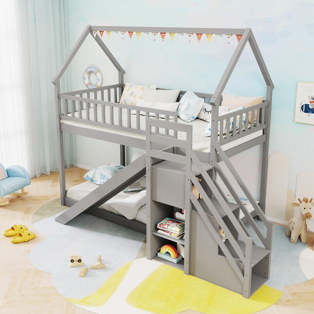 Twin Over Twin Bunk Bed with S - Bunk Bed With Stairs And Slide 评论和价格