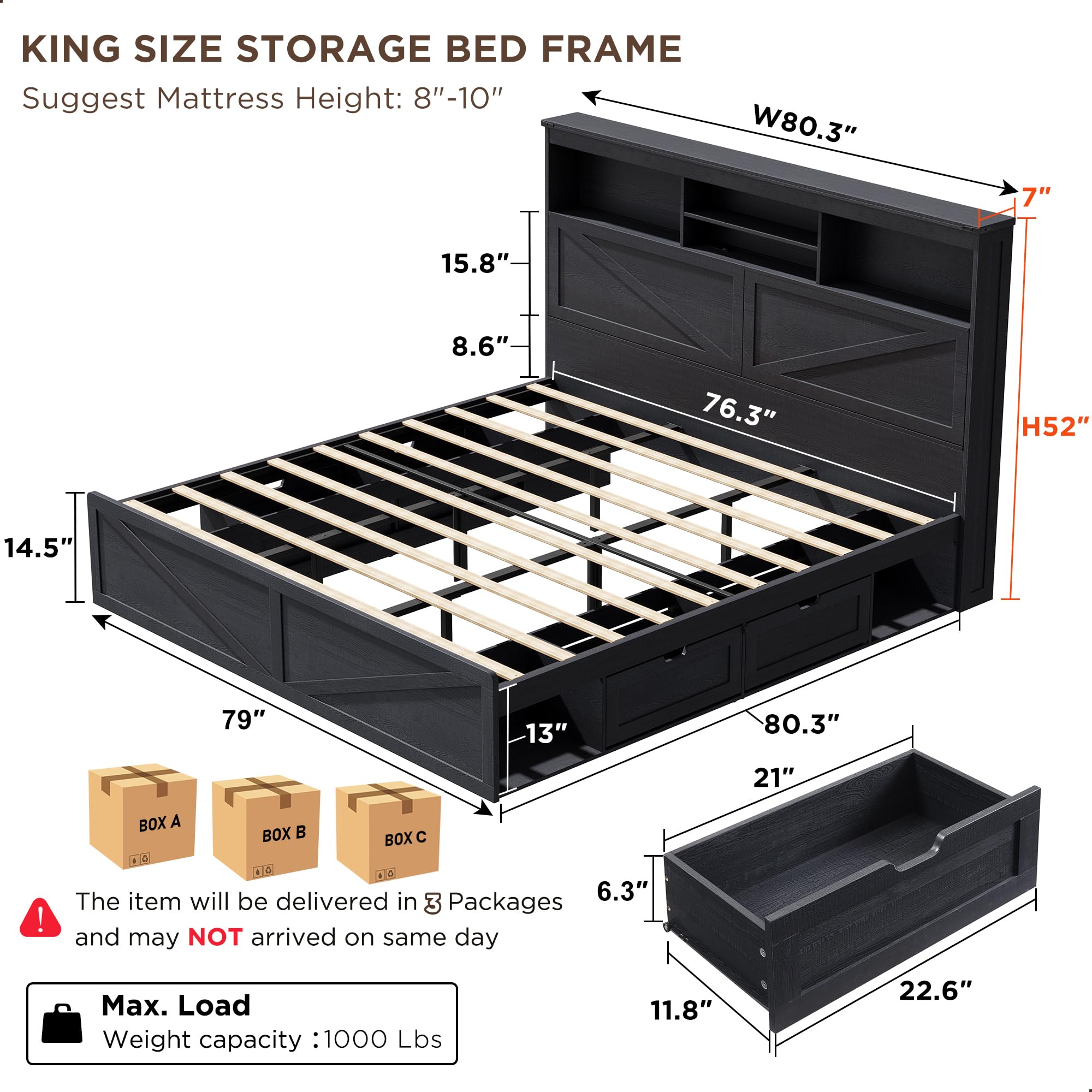Farmhouse King Size Bed Frame  - King Size Bed Frame With Storage Drawers 评论和价格