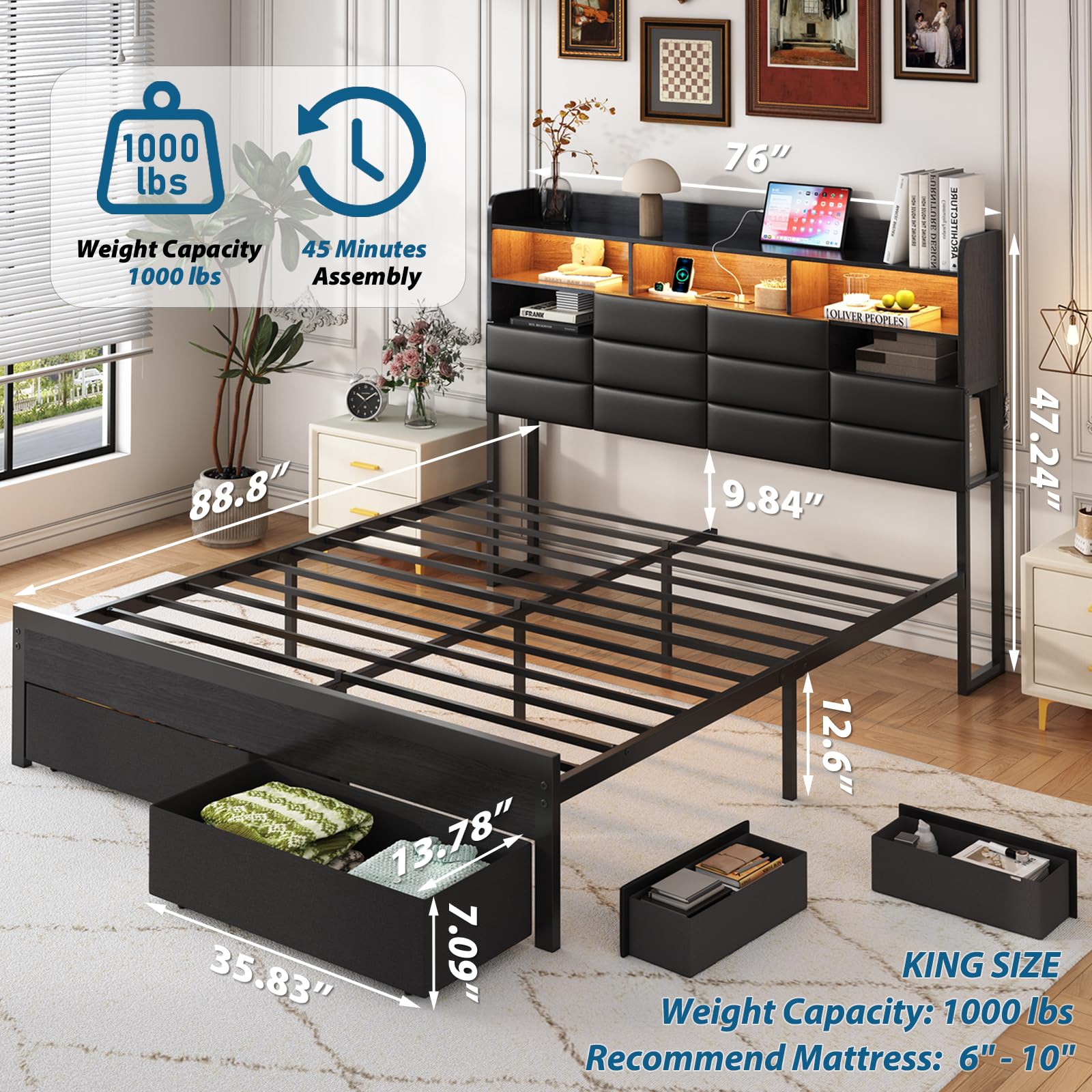 King Size Bed Frame with Stora - King Size Bed Frame With Storage Drawers 评论和价格