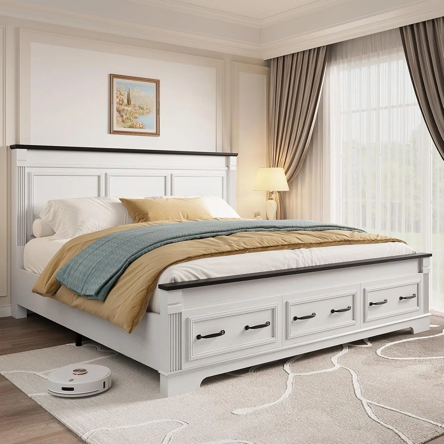 Farmhouse King Size Bed Frame  - King Size Bed Frame With Storage Drawers 评论和价格