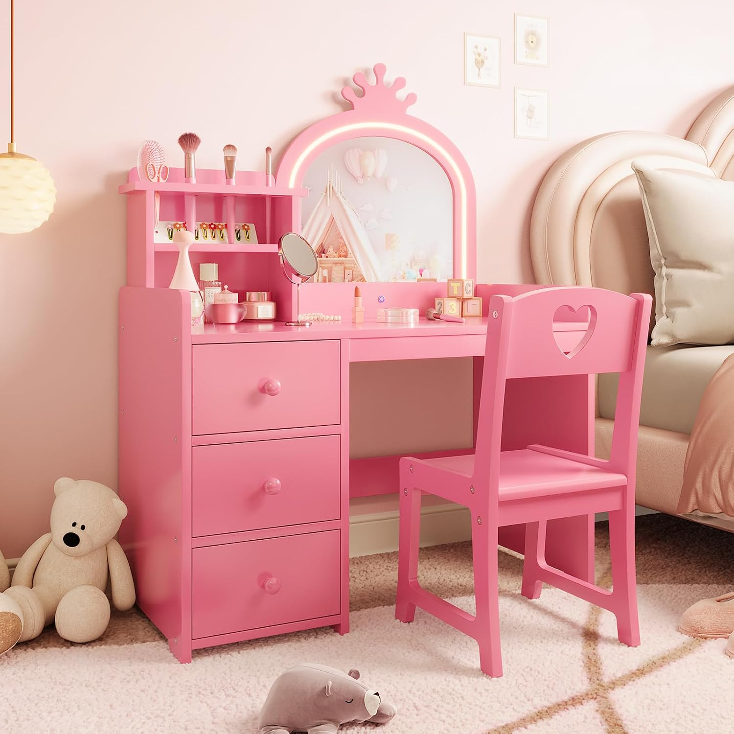 Kids Vanity Desk with Lighted  - Dressing Table Vanity With Lighted Mirror 评论和价格