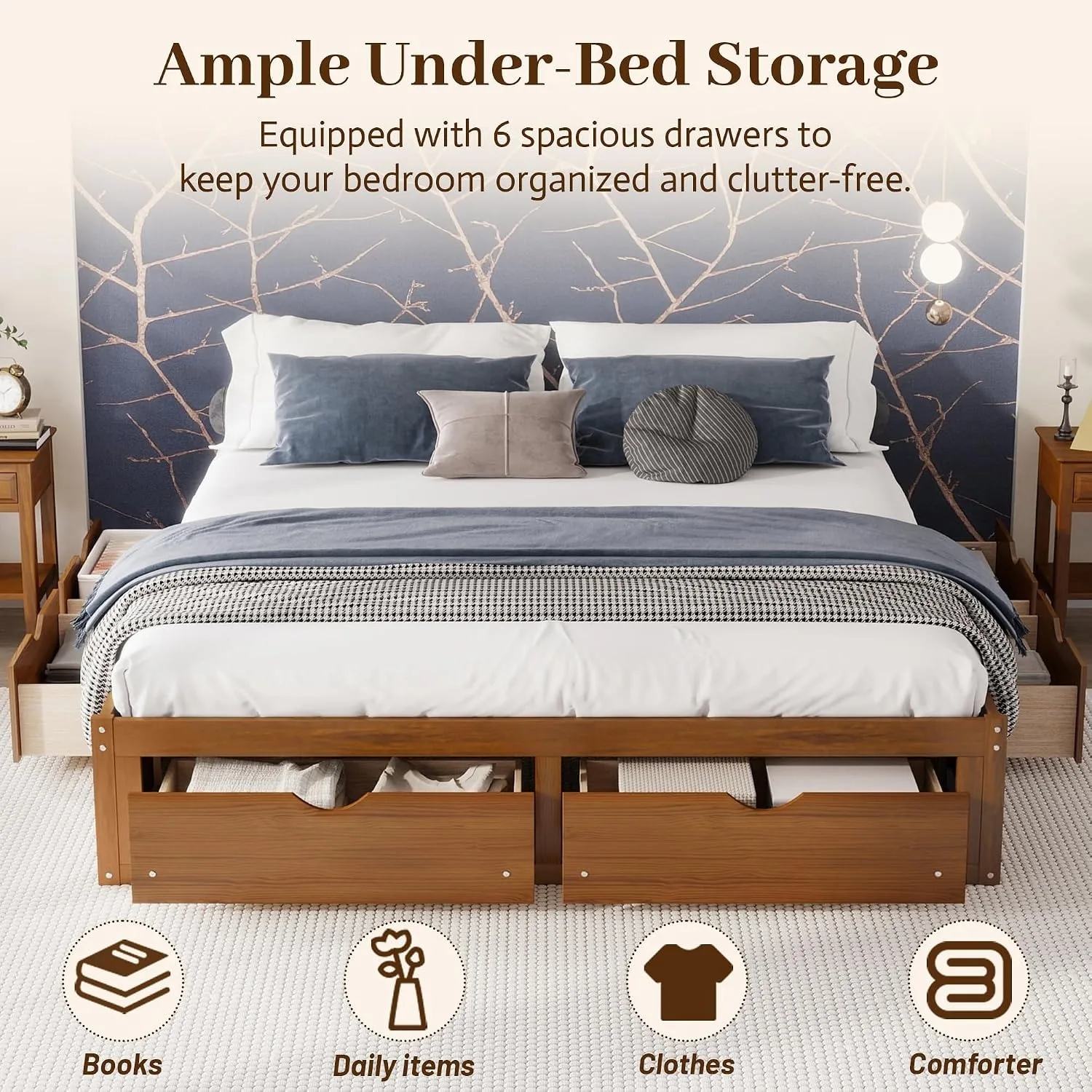 Minimalist Pine Wood Platform  - King Size Bed Frame With Storage Drawers 评论和价格