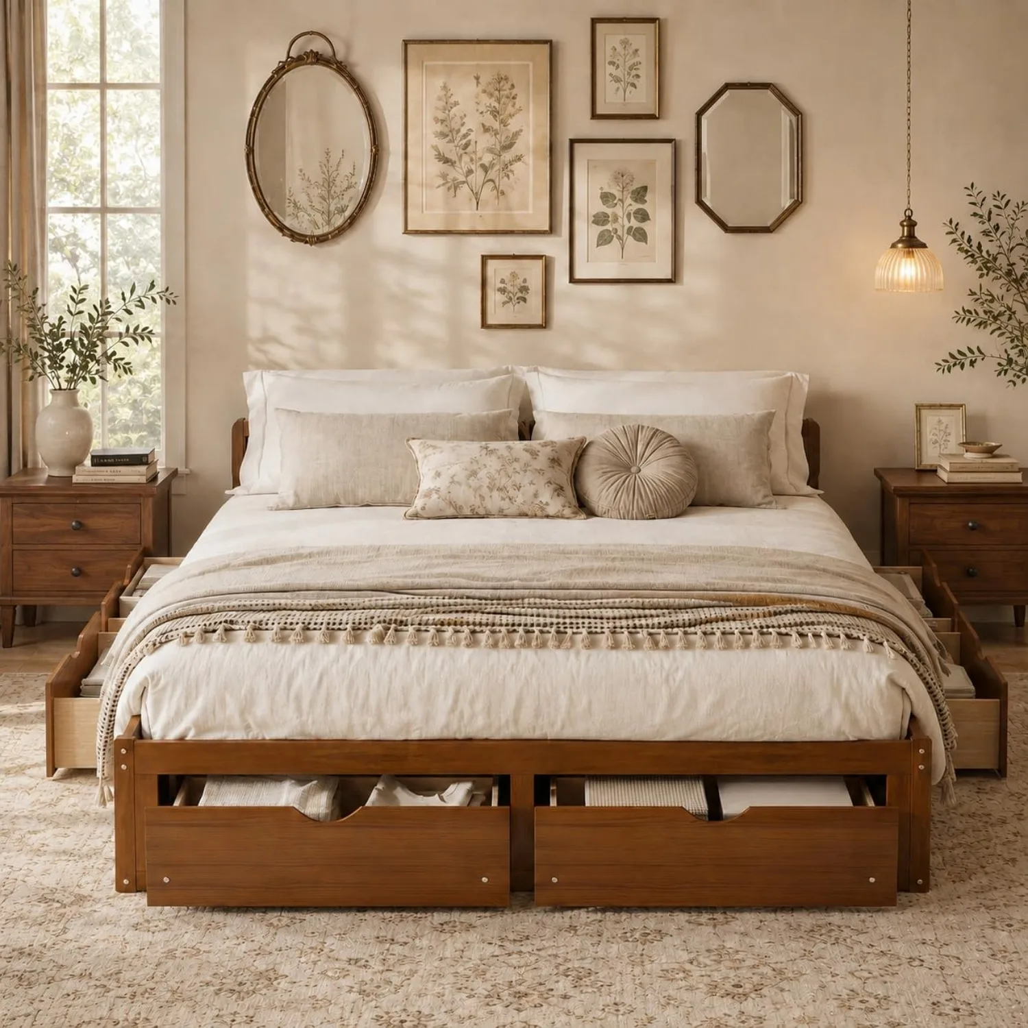 Minimalist Pine Wood Platform  - King Size Bed Frame With Storage Drawers 评论和价格