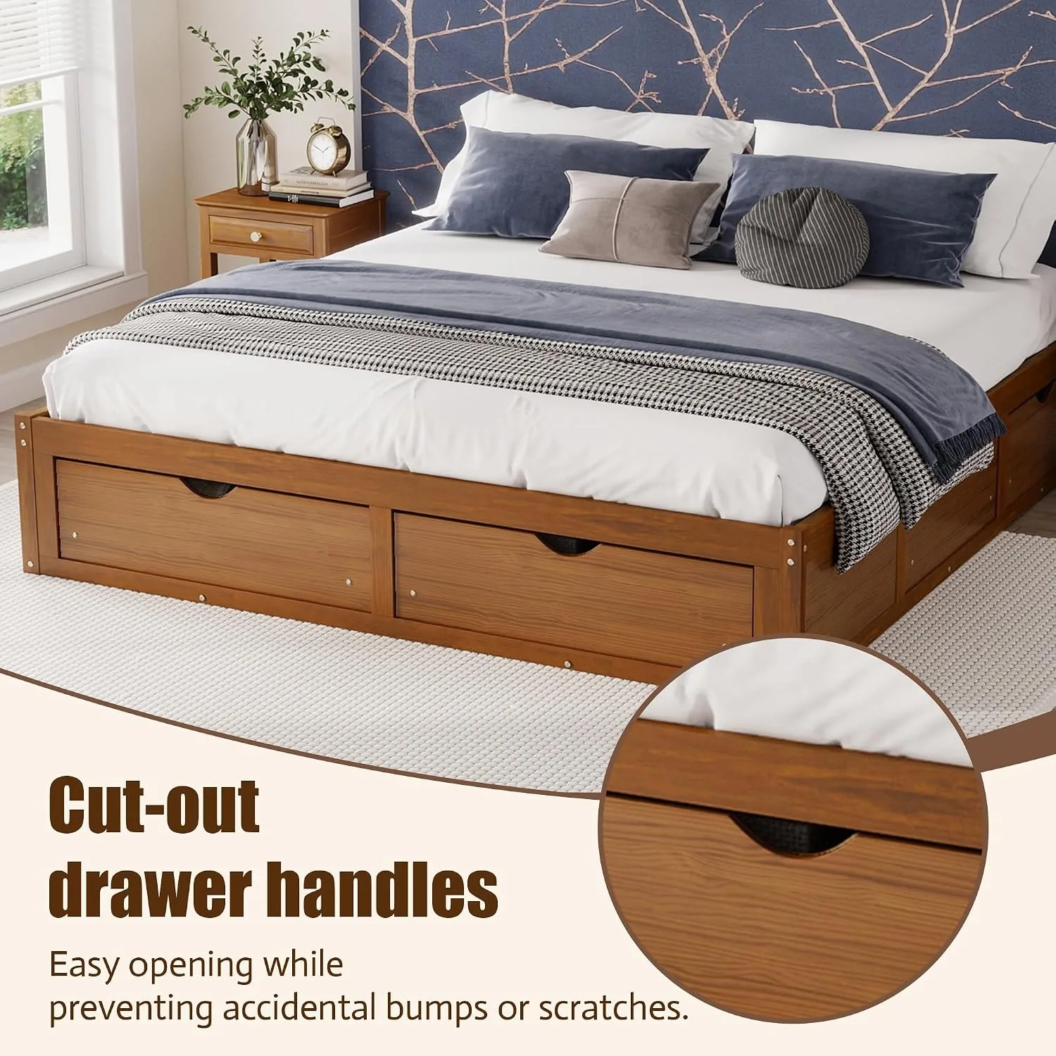 Minimalist Pine Wood Platform  - King Size Bed Frame With Storage Drawers 评论和价格