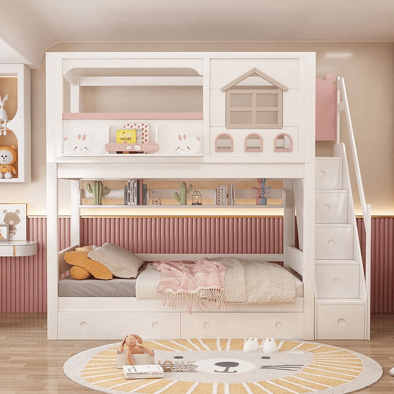 Modern Pink Solid Wood Kids Bu - Bunk Bed With Stairs And Slide 评论和价格