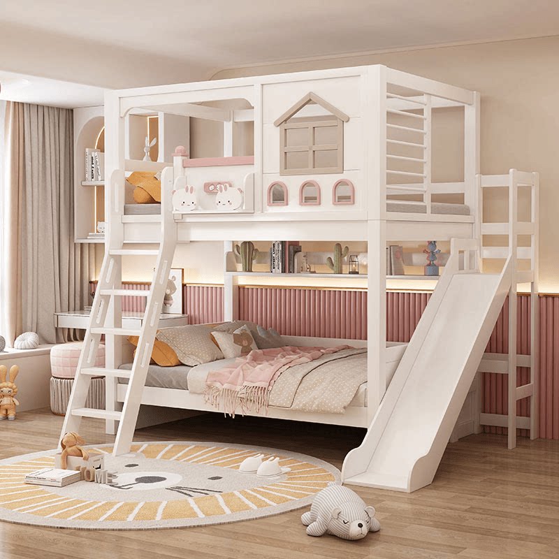 Modern Pink Solid Wood Kids Bu - Bunk Bed With Stairs And Slide 评论和价格
